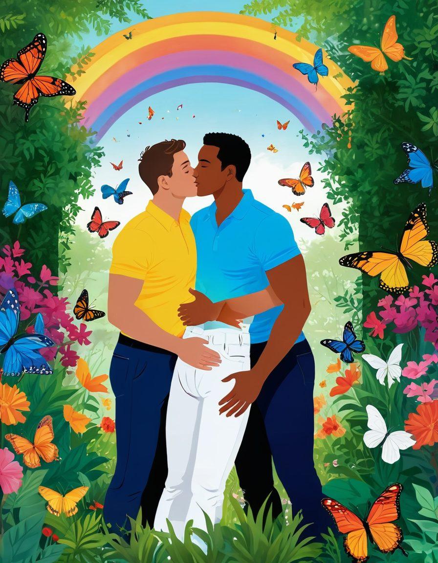 A colorful and vibrant illustration of a diverse group of gay couples embracing and supporting each other in a lush, blooming garden, symbolizing love and resilience. In the background, a rainbow arch sparkles in the sunlight, while butterflies flutter around, embodying transformation and hope. The scene should evoke warmth and connection, celebrating the journey from heartbreak to hopeful relationships. vibrant colors. super-realistic.