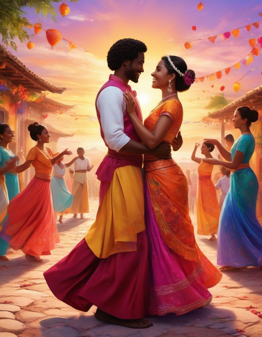 A vibrant scene depicting a diverse group of people from various cultural backgrounds joyfully coming together in a heartwarming embrace, surrounded by colorful decorations that symbolize love and acceptance. The background features a beautiful sunset that reflects unity and warmth, while the characters are engaged in an expressive dance, showcasing their unique cultural attire. The atmosphere is lively and inclusive, inviting viewers to celebrate diversity. painting. vibrant colors. 3D.